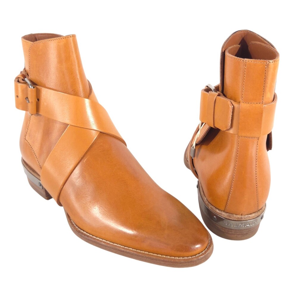 Balmain Ranger Buckle Leather Ankle Boots US 9 EU 39 Womens Tan Brown $1250